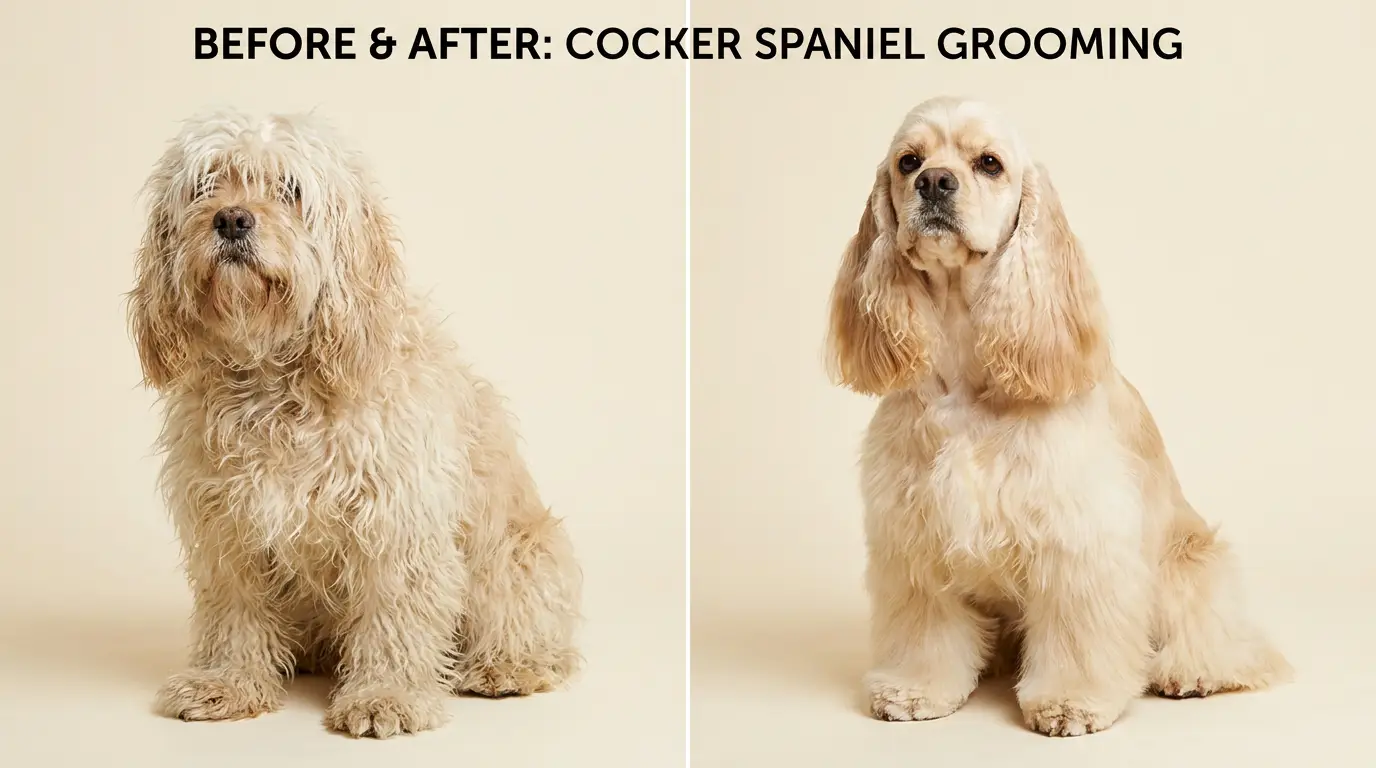 Cocker spaniel before and after grooming — tangled coat transformed into a classic feathered trim
