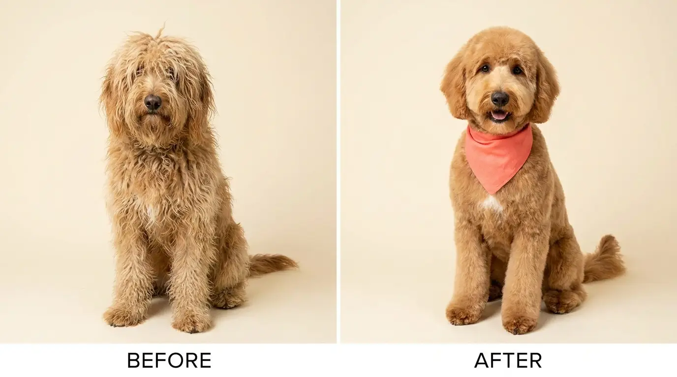 Before and after grooming transformation of a goldendoodle