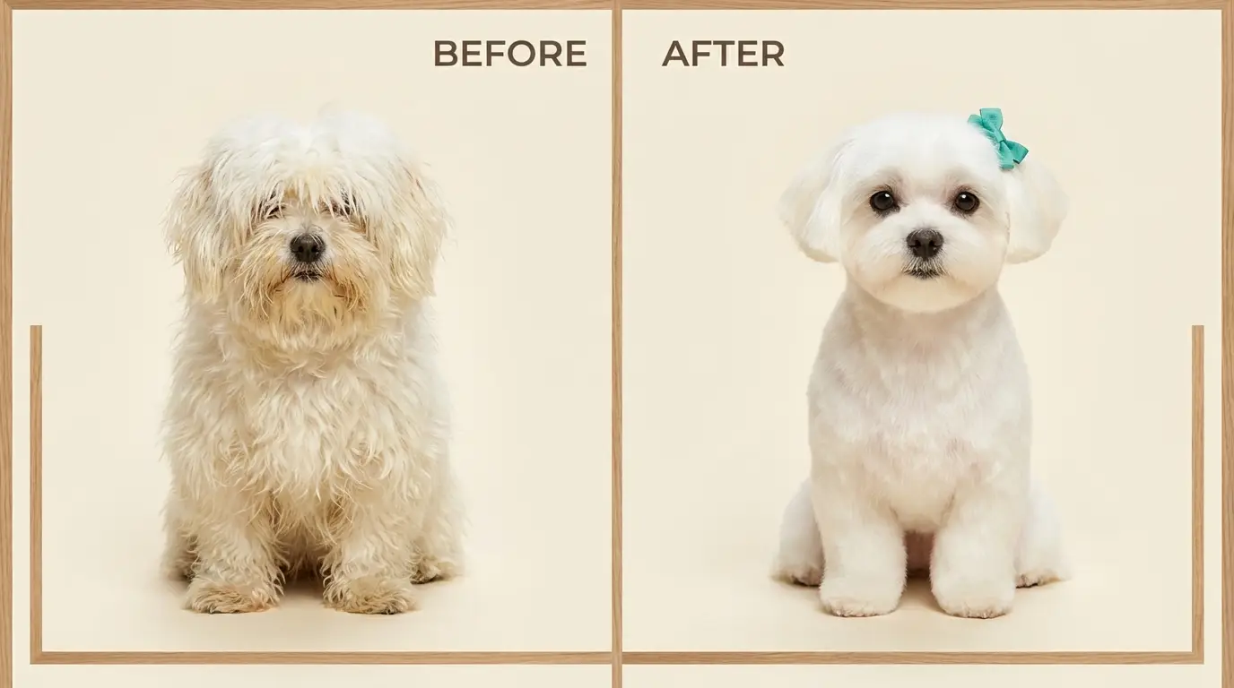 Maltese before and after grooming — overgrown coat transformed into a pristine white trim