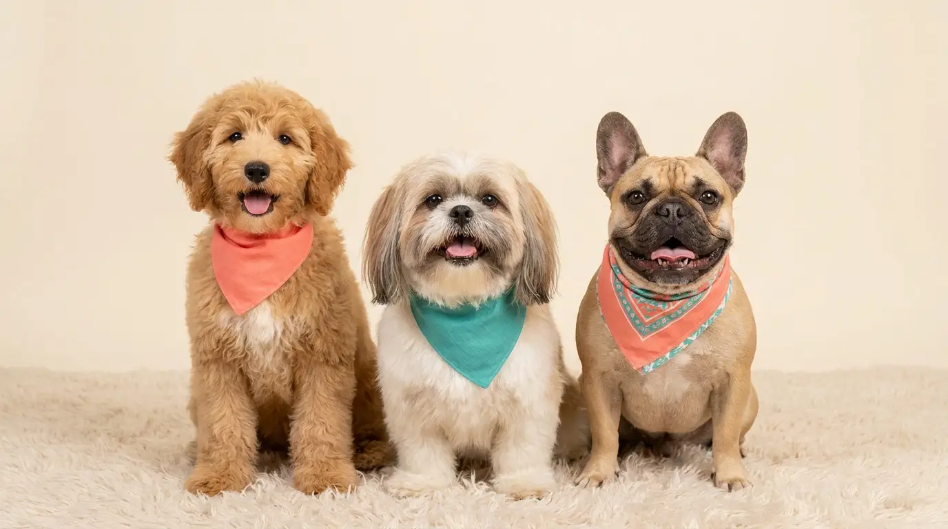 Three freshly groomed small dogs in coral and teal bandanas
