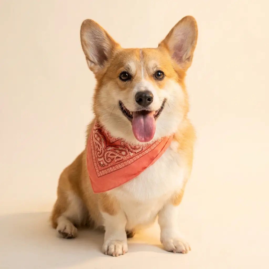 Smiling corgi with fluffy trimmed coat and coral bandana