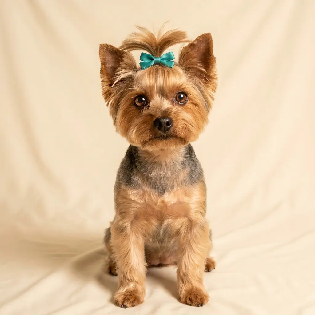 Yorkshire terrier with silky topknot and teal ribbon