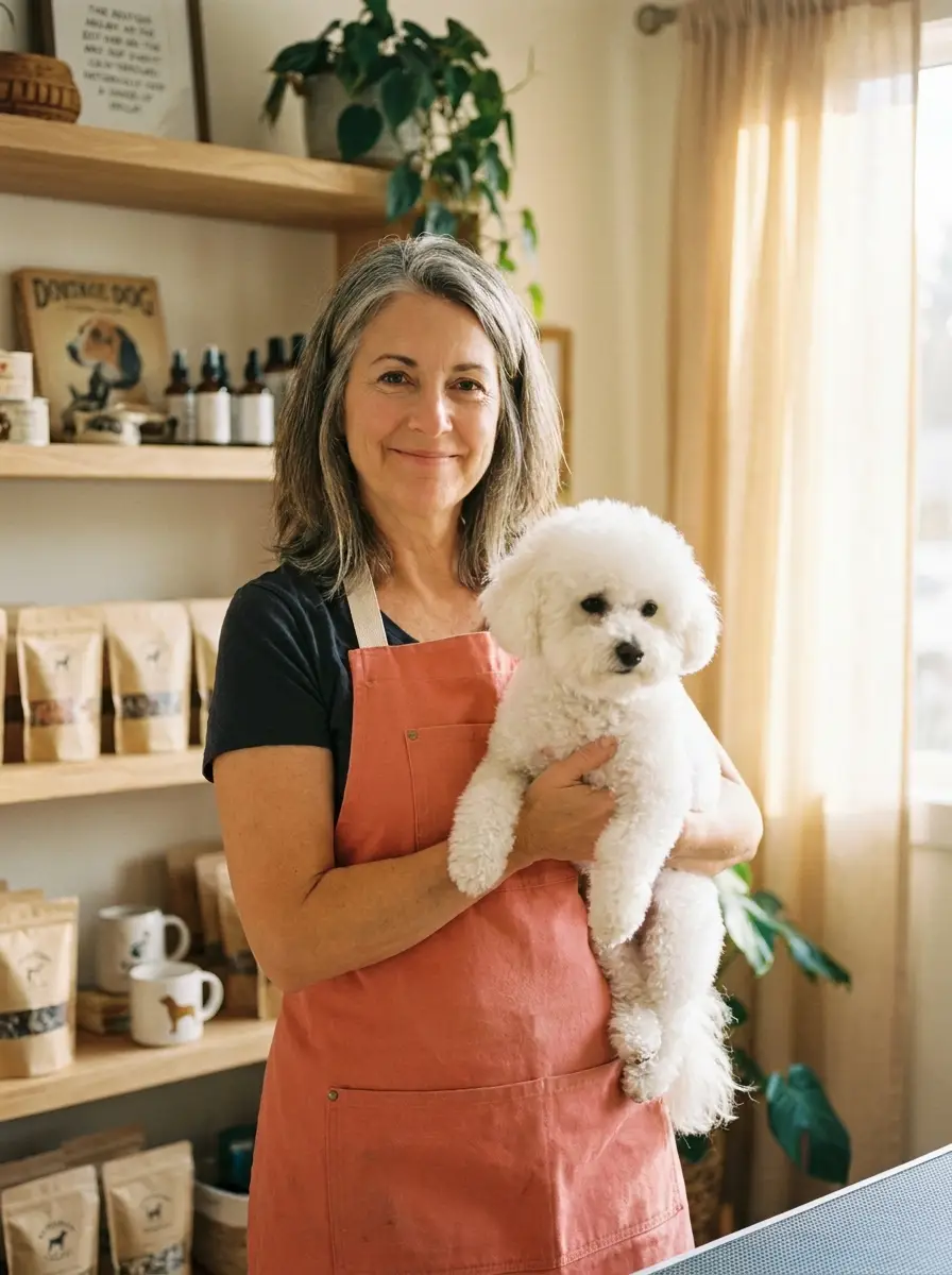 Jeanette, professional dog groomer, smiling and holding a small fluffy white dog