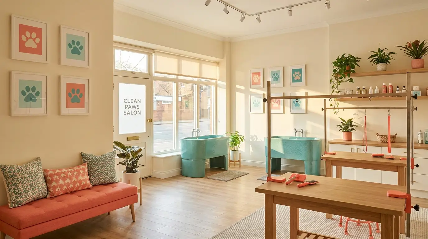 Bright, cozy interior of the Arts and Barks grooming salon