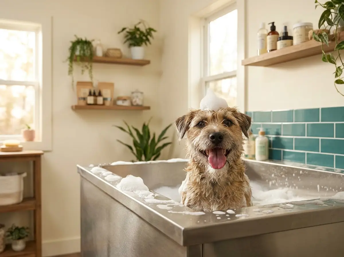Happy dog covered in bubbles during a bath
