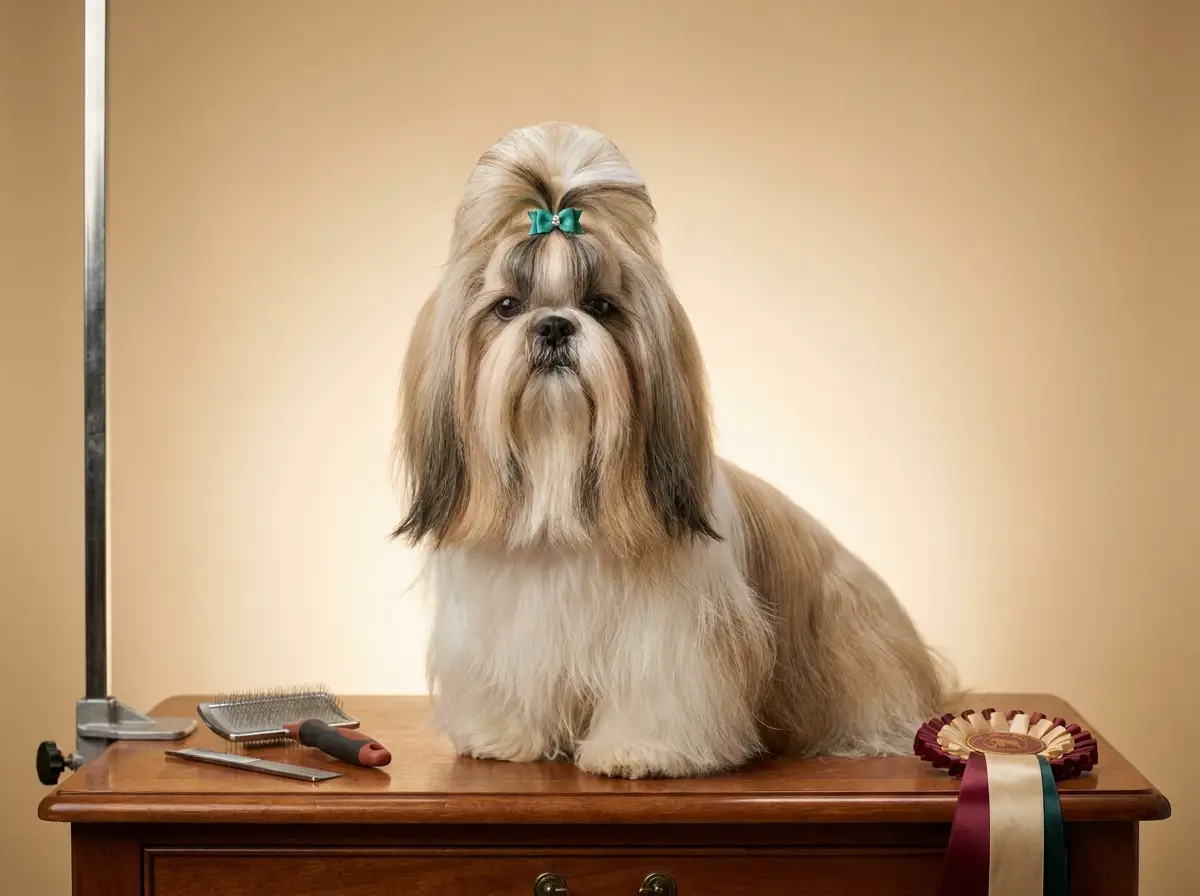 Shih tzu with a perfect breed-standard haircut and teal bow