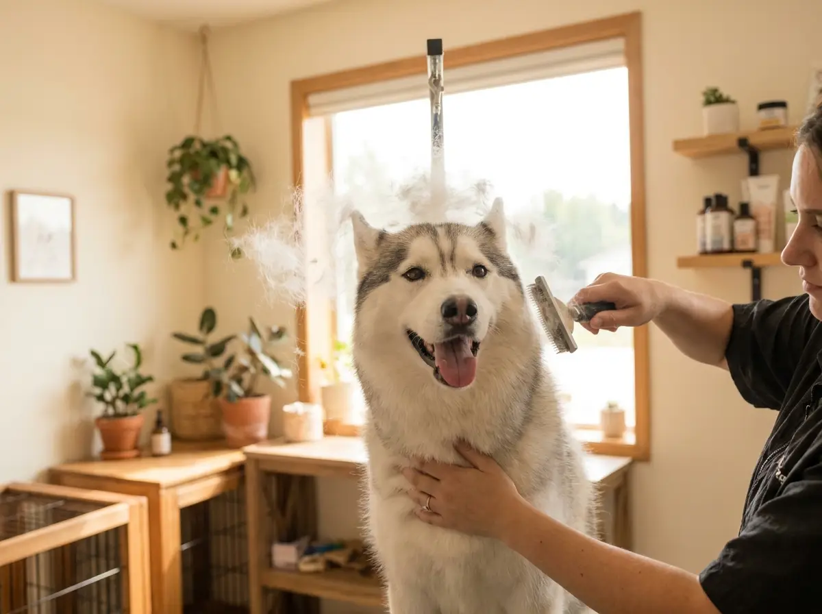 Husky being brushed with a de-shedding tool