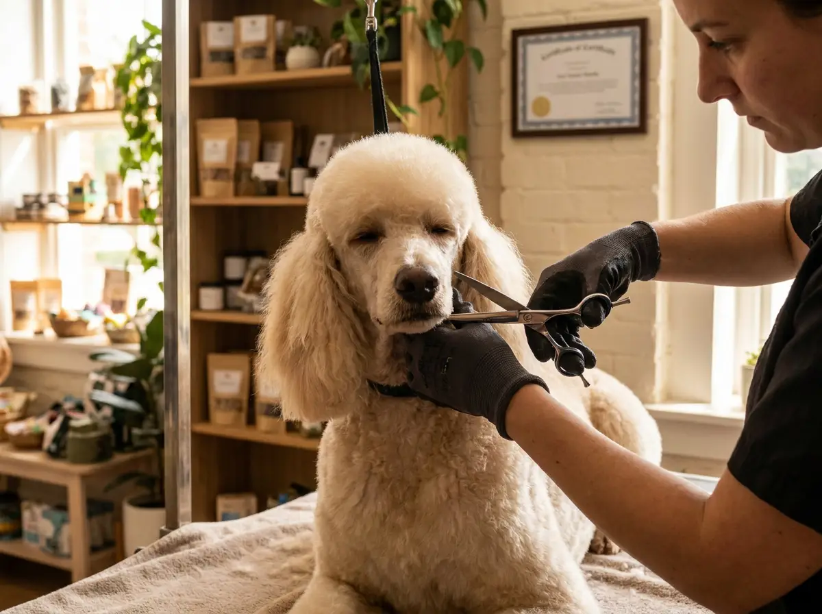 Groomer scissor-trimming a cream poodle's face