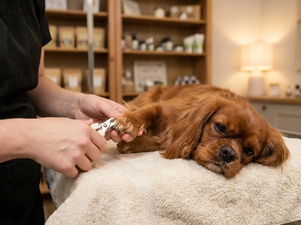 Gentle nail trim for a relaxed cavalier spaniel